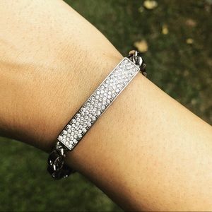 Pave Bracelet With Leather And Silver Chain